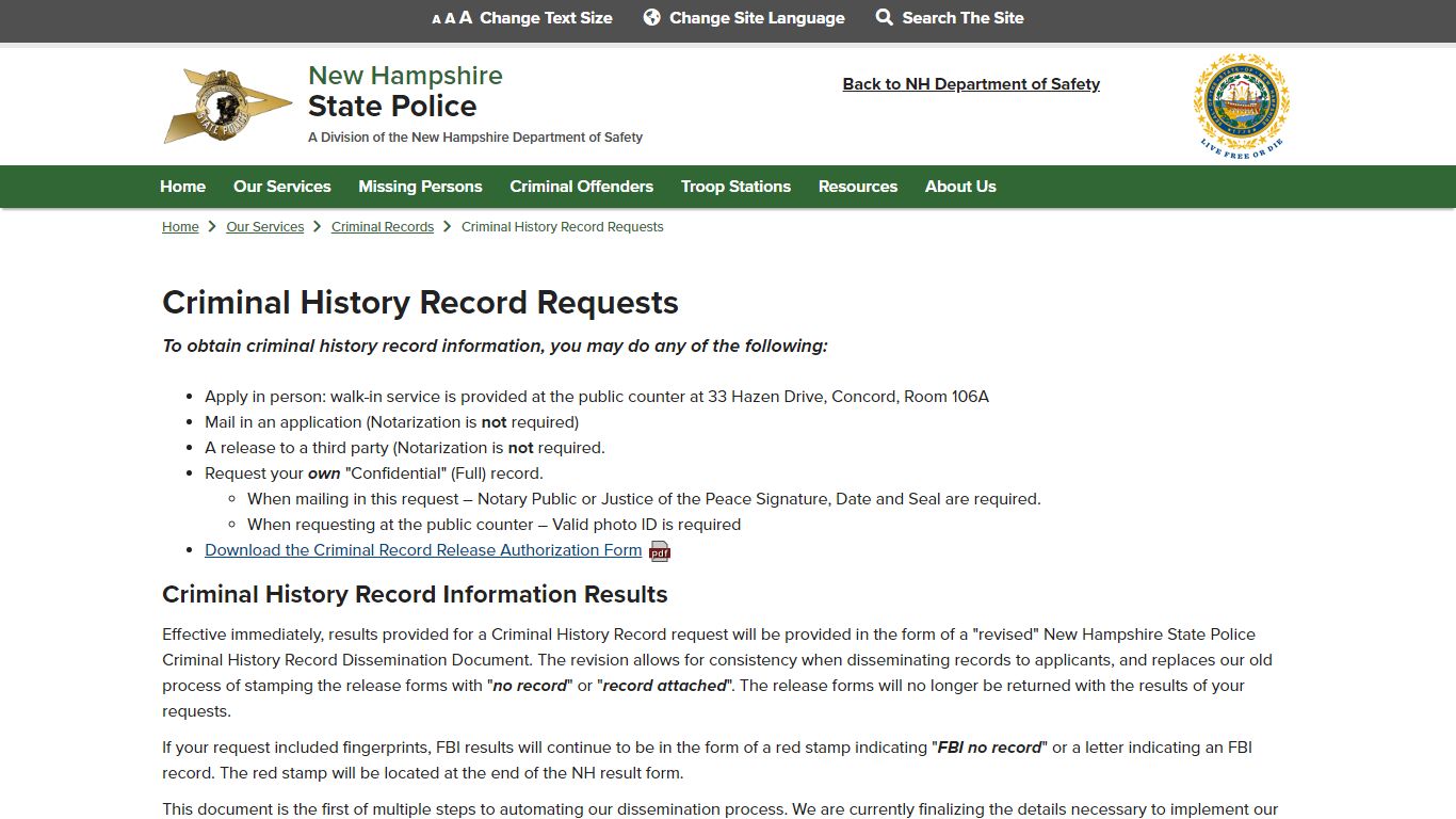 Criminal History Record Requests | NH State Police