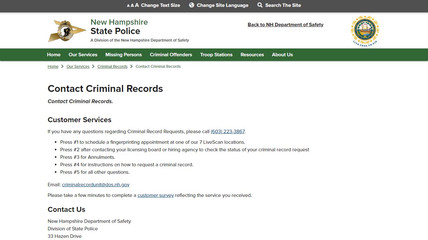 Contact Criminal Records | NH State Police