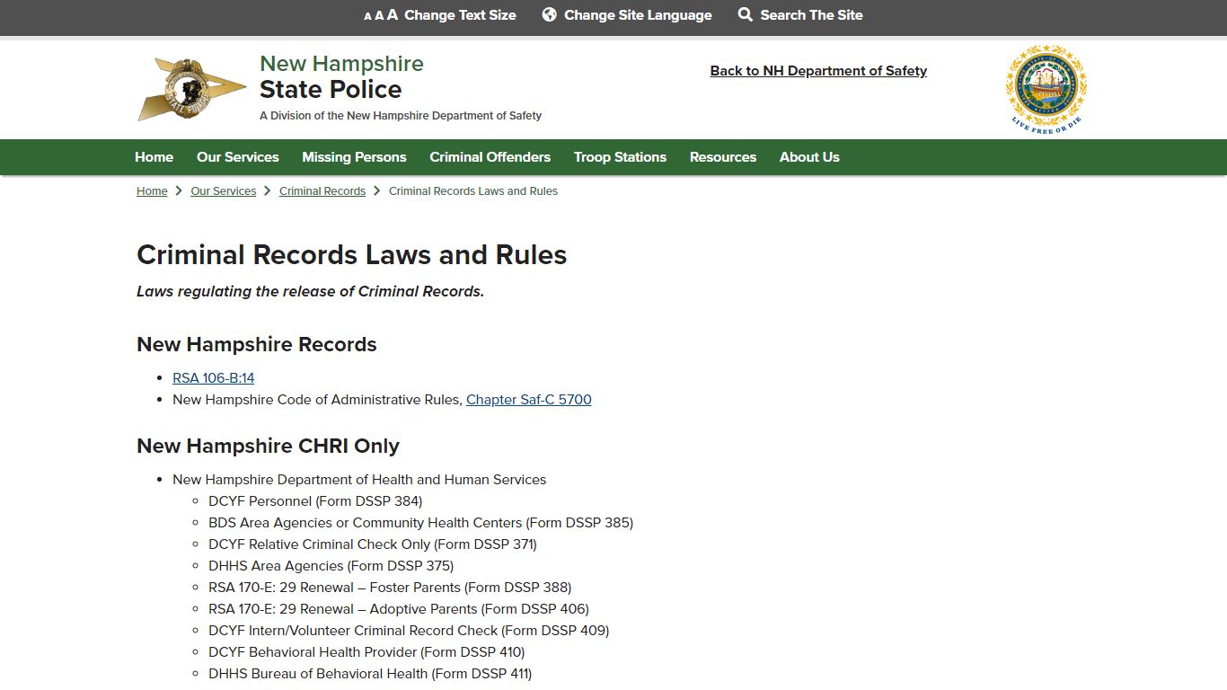 Criminal Records Laws and Rules | NH State Police