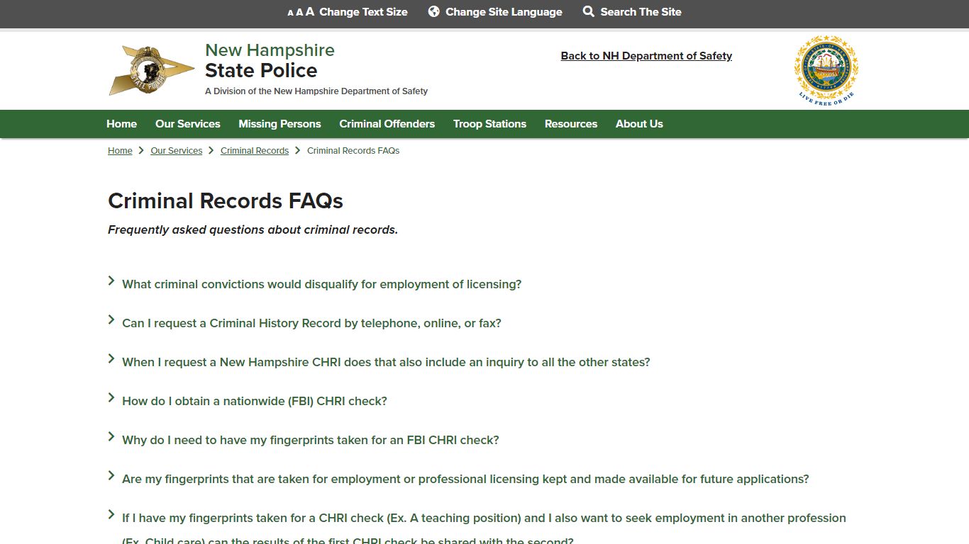 Criminal Records FAQs | NH State Police